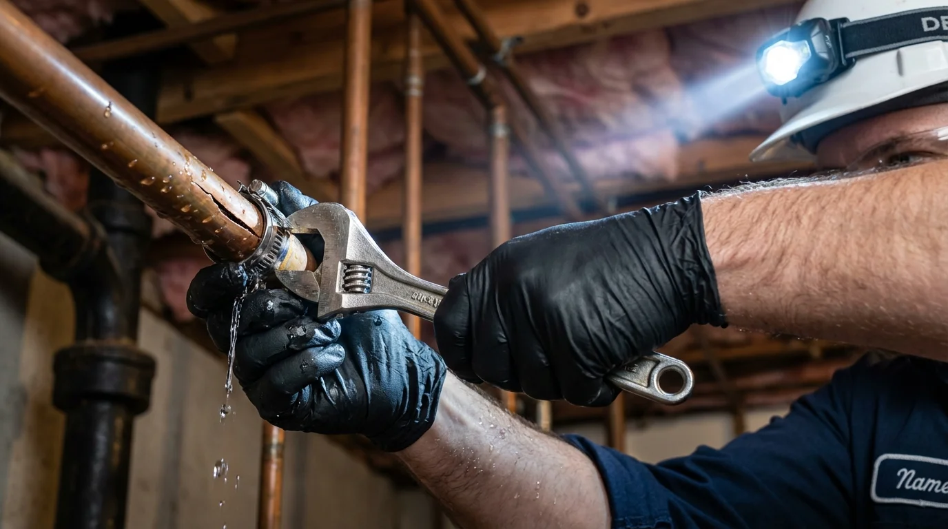 Emergency pipe clamp repair being performed by a Johns Plumbing LLC plumber in Wheeler
