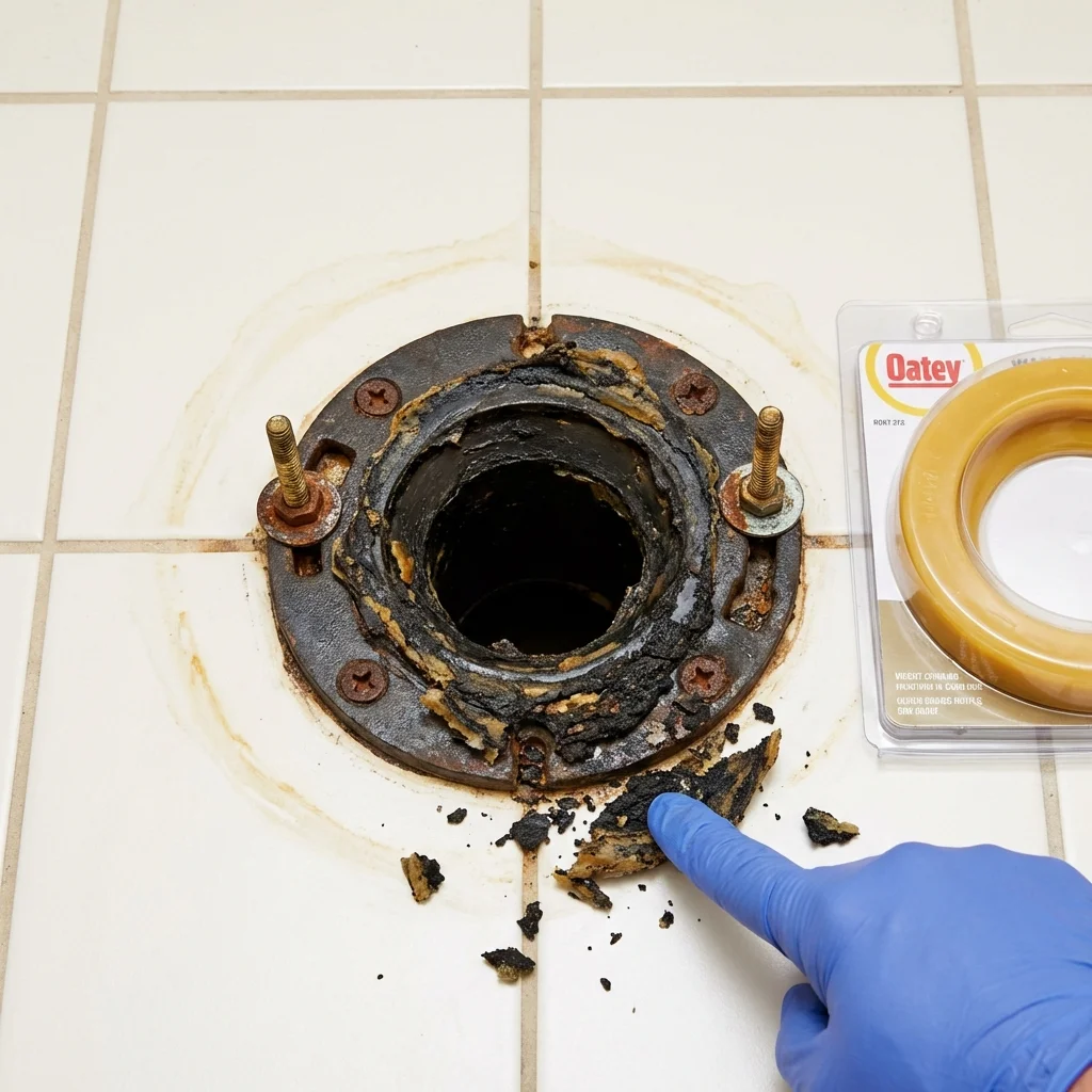 Failed wax ring showing water seepage at the base of a toilet in a Wheeler, TX home