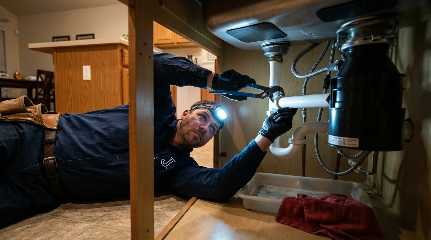 P-trap and supply line connections under a kitchen sink showing a common leak point in Wheeler, TX